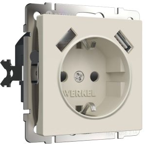 Розетка встраиваемая Werkel с заземлением, шторками и USBх2 Айвори матовый W1171562