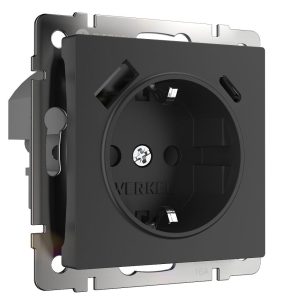 Розетка встраиваемая Werkel с заземлением, шторками и USB тип A+C Черный матовый W1171708