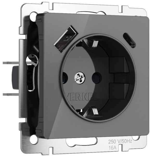 Розетка встраиваемая Werkel с заземлением, шторками и USB тип A+C Графит W1171744