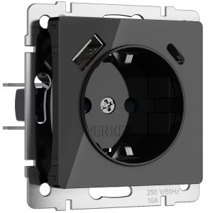 Розетка встраиваемая Werkel с заземлением, шторками и USB тип A+C Черный W1171748
