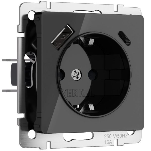 Розетка встраиваемая Werkel с заземлением, шторками и USB тип A+C Черный W1171748