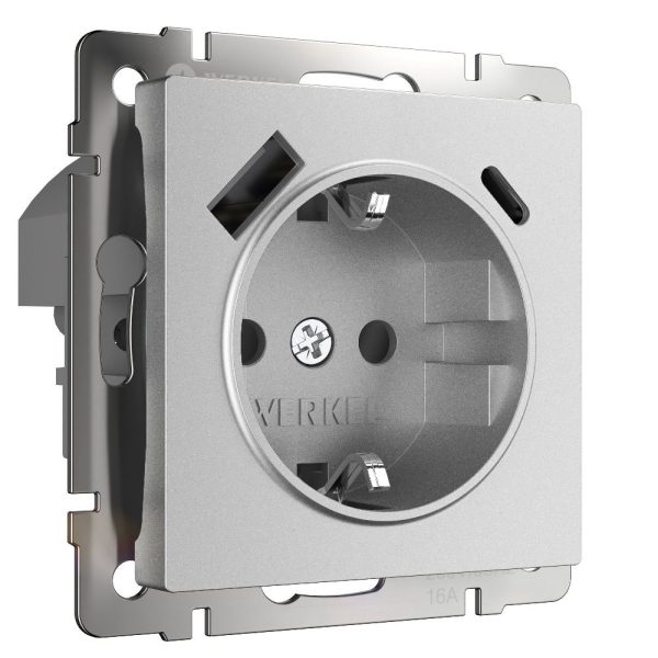 Розетка встраиваемая Werkel с заземлением, шторками и USB тип A+C Серебрянный матовый W1171765
