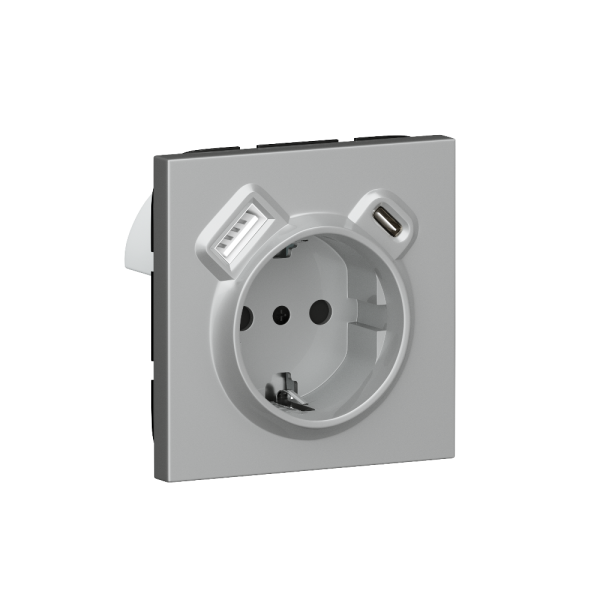 Розетка встраиваемая Donel R98 с заземлением и шторками + зарядка USB A+C 20W Алюминий матовый DA15500-DA22226