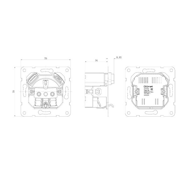 Розетка встраиваемая Donel R98 с заземлением и шторками + зарядка USB A+C 20W Белый матовый DA15500-DA22233 — изображение 3