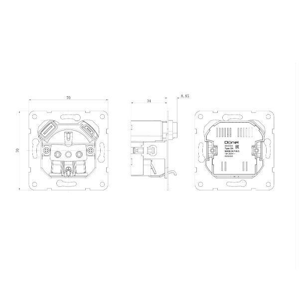 Розетка встраиваемая Donel R98 Metal с заземлением, шторками и USB тип A+C Латунь DA15500-DA222ME — изображение 6
