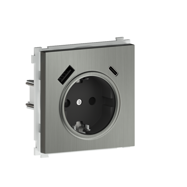 Розетка встраиваемая Donel R98 Metal с заземлением, шторками и USB тип A+C Никель DA15500-DA222NB