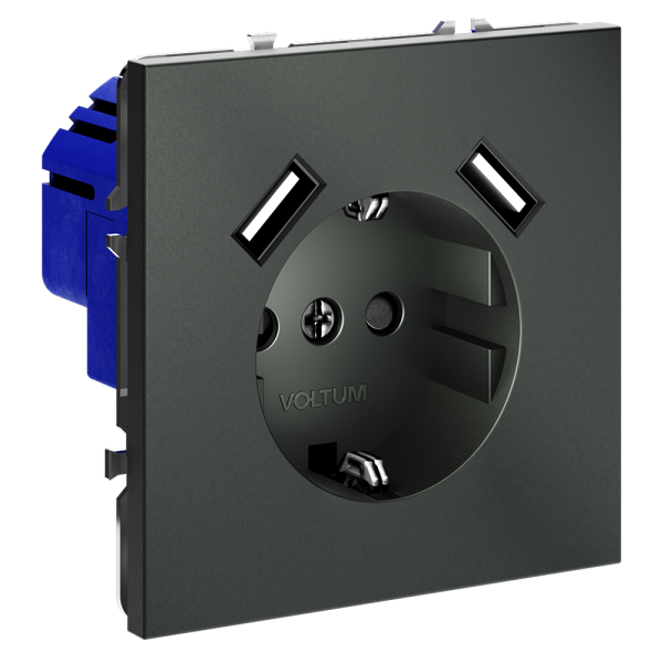 Розетка встраиваемая Voltum S70 с заземлением, шторками и USB A+A Титан VLS040406 — изображение 2