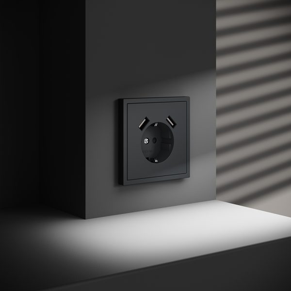 Розетка встраиваемая Voltum S70 с заземлением, шторками и USB A+A Графит VLS040407 — изображение 5