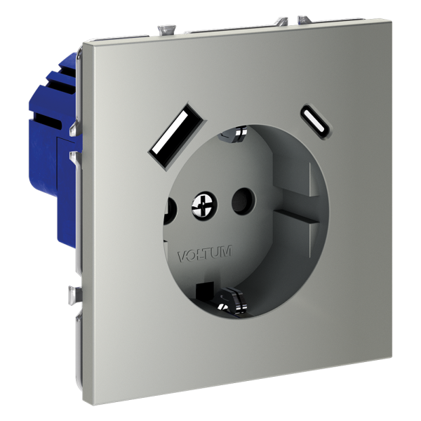 Розетка встраиваемая Voltum S70 с заземлением, шторками и USB A+C Сталь VLS040505 — изображение 2