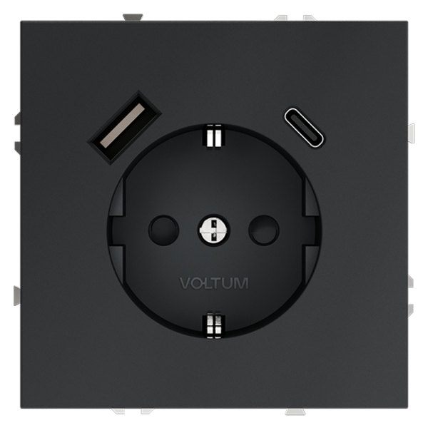 Розетка встраиваемая Voltum S70 с заземлением, шторками и USB A+C Графит VLS040507